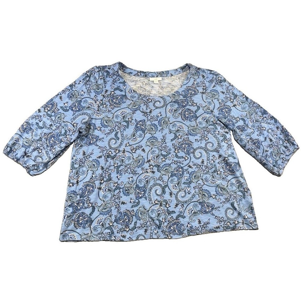 J.Jill Blue Paisley Print Scoop Neck 3/4 Sleeve Cotton Modal Blouse Boxy Sz XL